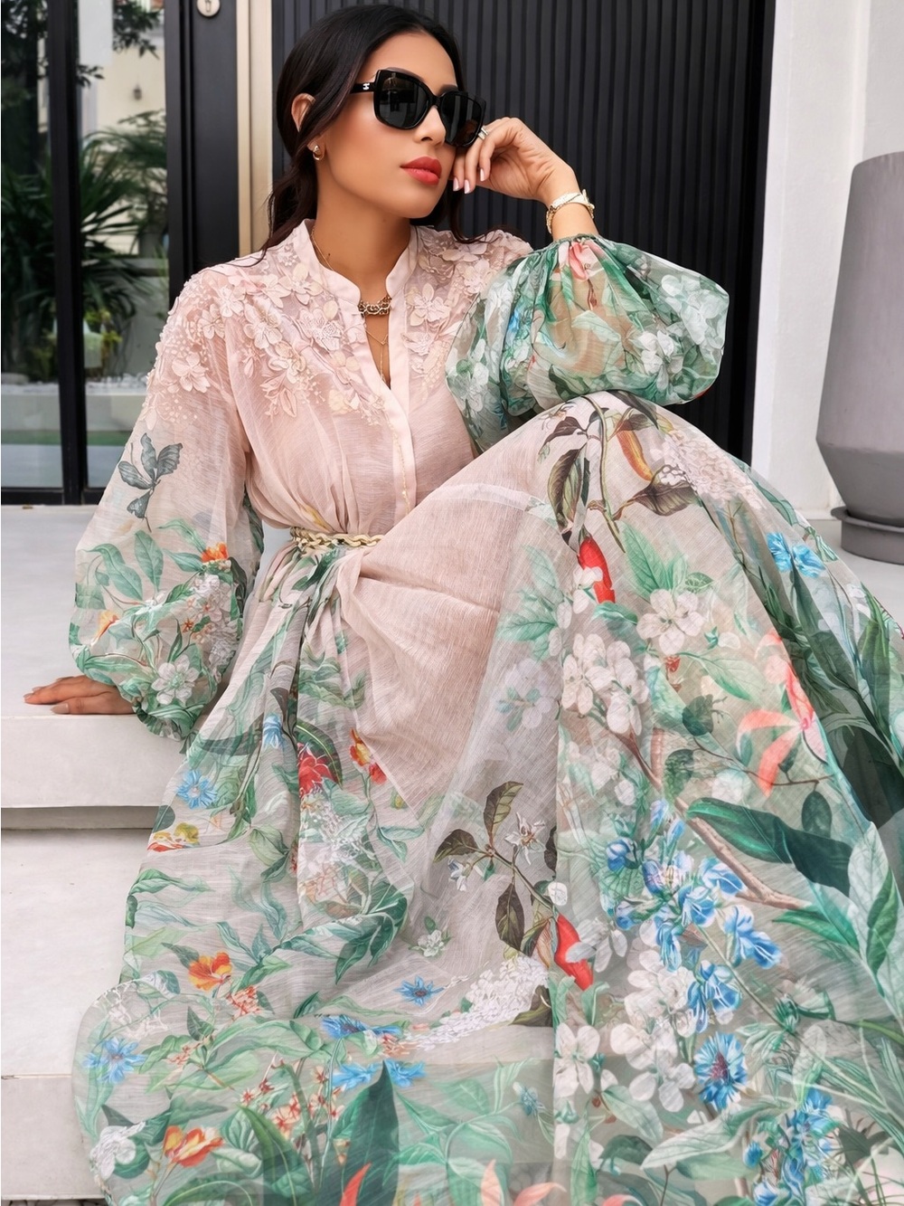 Zimmermann Green and Cream Floral Silk Maxi Dress with inner dress | pockets